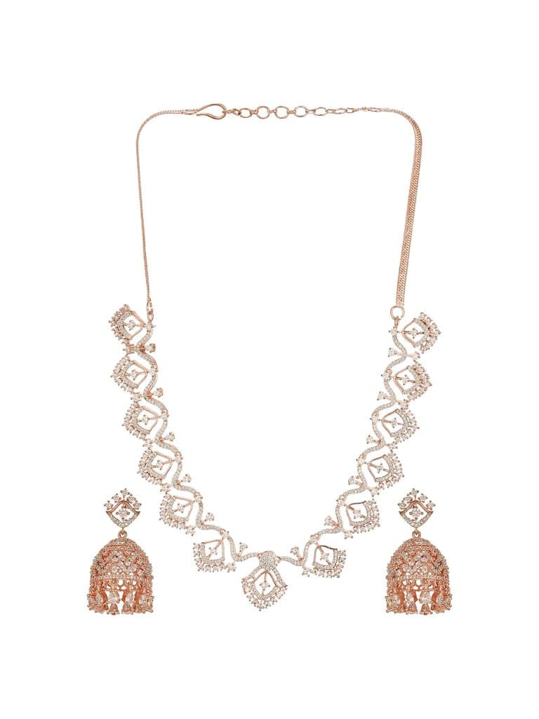 Rose Gold AD Studded Statement Designer With Classic Jhumka Earrings Necklace Jewellery Set view 6
