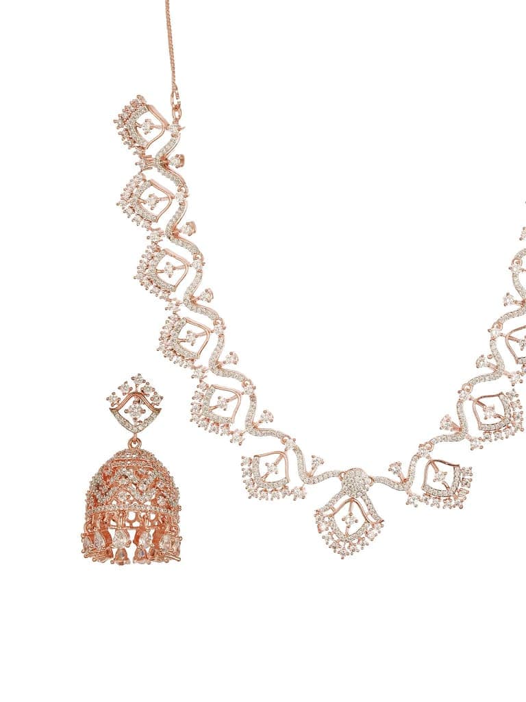 Rose Gold AD Studded Statement Designer With Classic Jhumka Earrings Necklace Jewellery Set view 7