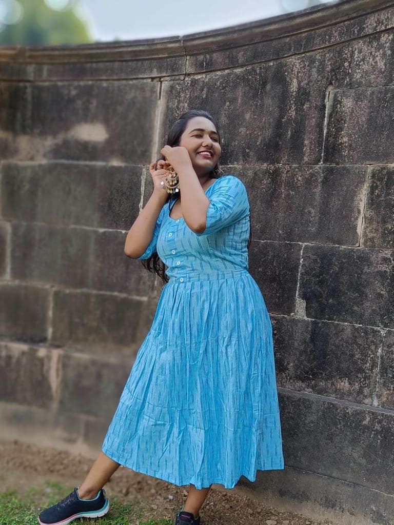 Pure Cotton Ikkat Dress Light Sky Blue Colour (Size XXS(32) to Plus Size(56))-3788 view 2