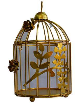 Brass Gallery India Modern Style Iron Decorative Bird Cage with Hanging Chain, Cork String Light Tabletop or Hanging Tealight Holder Candle Holder (Small Golden)