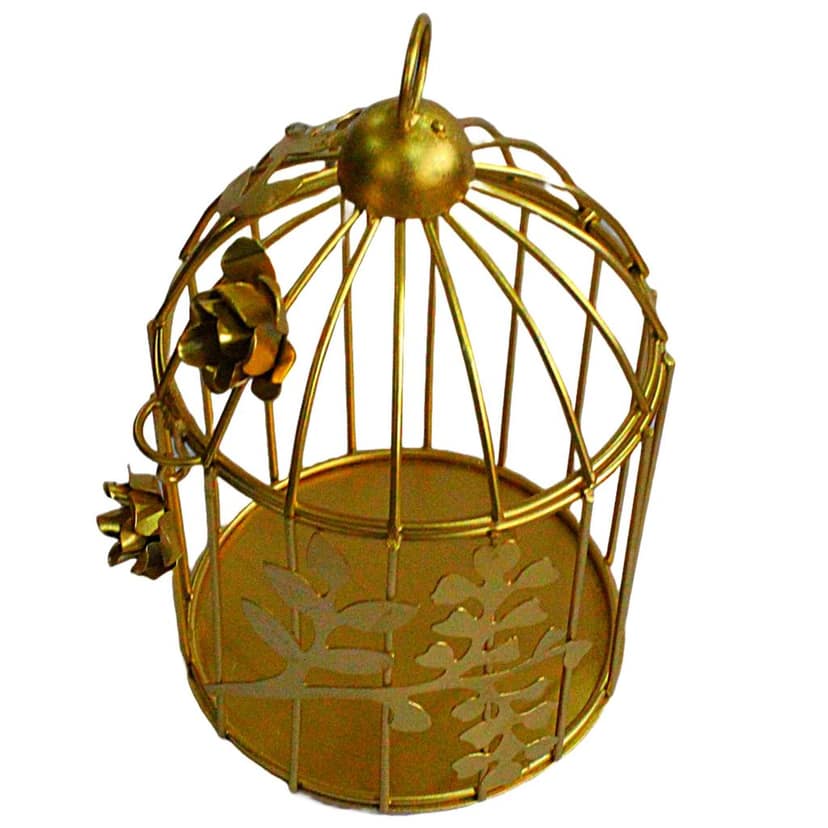 Brass Gallery India Modern Style Iron Decorative Bird Cage with Hanging Chain, Cork String Light Tabletop or Hanging Tealight Holder Candle Holder (Small Golden) view 2