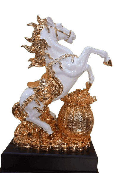 "Exquisite Galloping Horse Statue with Golden Ingots and Money Bag for Wealth and Prosperity"