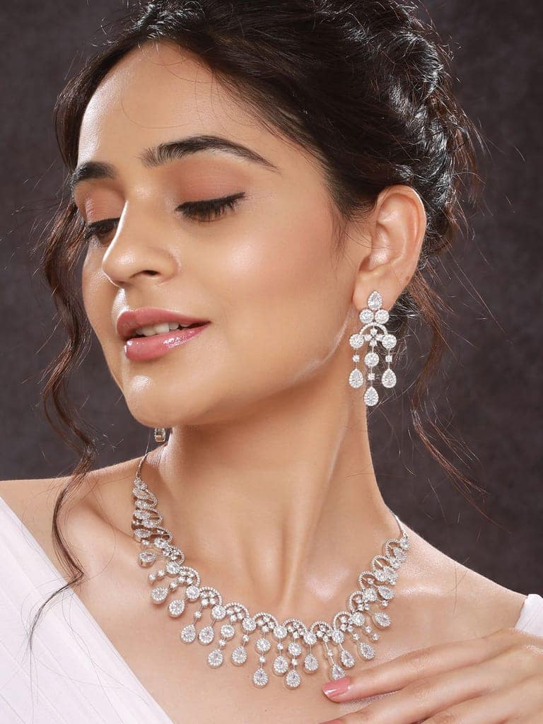 Silver Toned AD Studded Luxe Designer Necklace Jewellery Set view 2