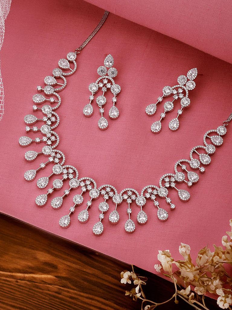 Silver Toned AD Studded Luxe Designer Necklace Jewellery Set view 4