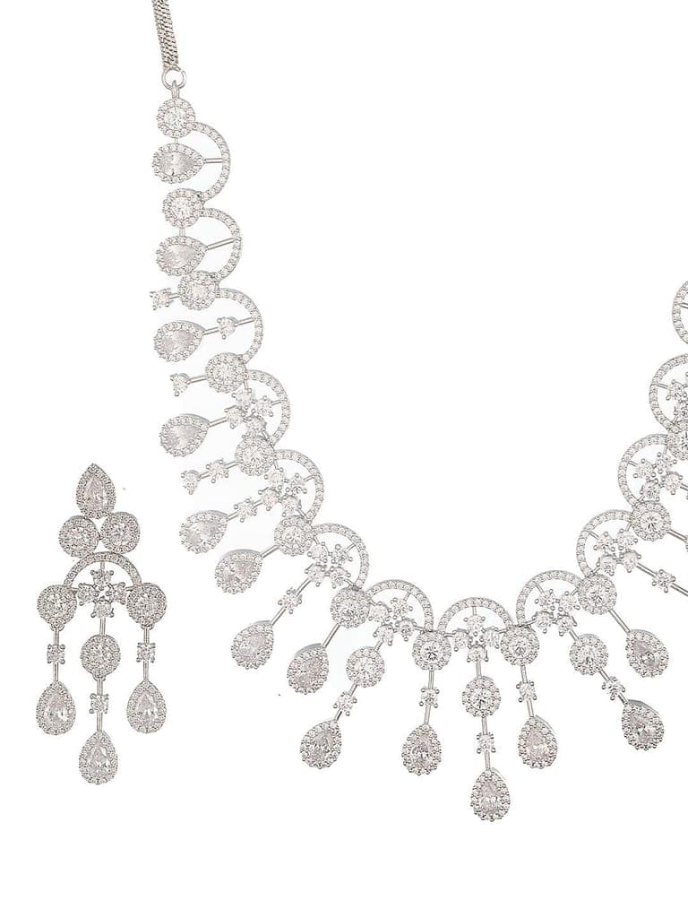 Silver Toned AD Studded Luxe Designer Necklace Jewellery Set view 6