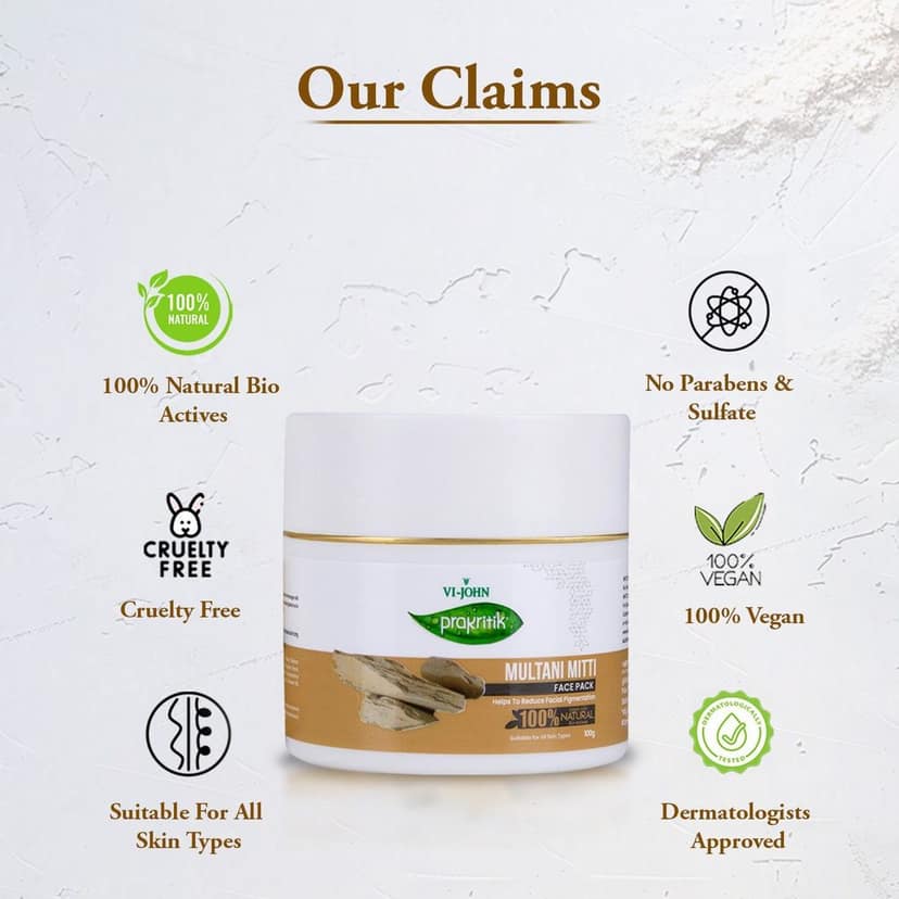 VI-JOHN Prakritik Multani Mitti Facepack for Men & Women | 100gm | Reduce Facial Pigmentation | 100% Natural Bio Actives | Cruelty-free | Paraben Free | Vegan | Dermatologist Approved | All Skin Types view 8