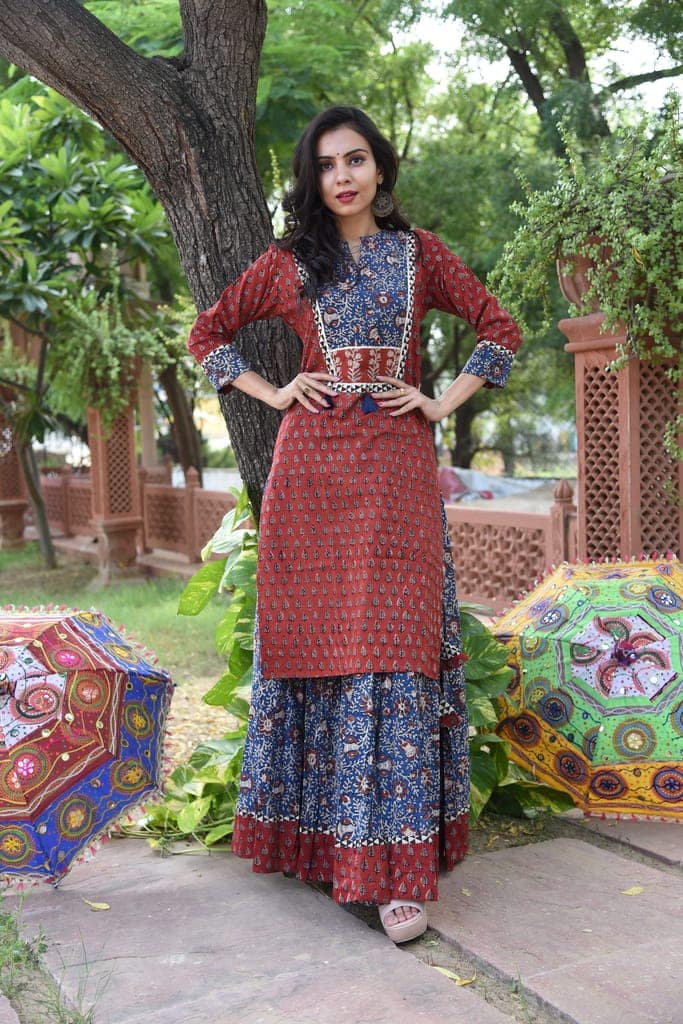Bagru Handblock Print Cotton Kurta-Skirt Set – Red view 4