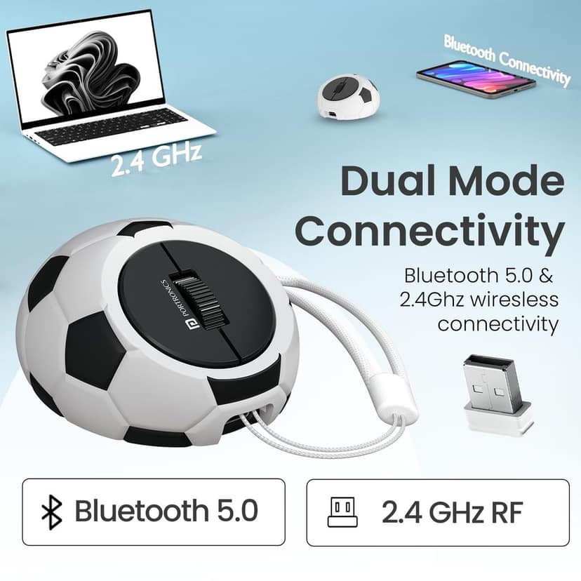 Portronics ToadPlay Football Mini Wireless Bluetooth Mouse with Dual Wireless Connectivity (BT + 2.4 GHz), Rechargeable Battery, Noise-Free Clicking, Multi-Device Pair, Adjust Sensitivity (White) view 3