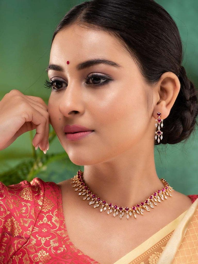 Gold Plated & Pink AD Studded Necklace & Earrings view 2