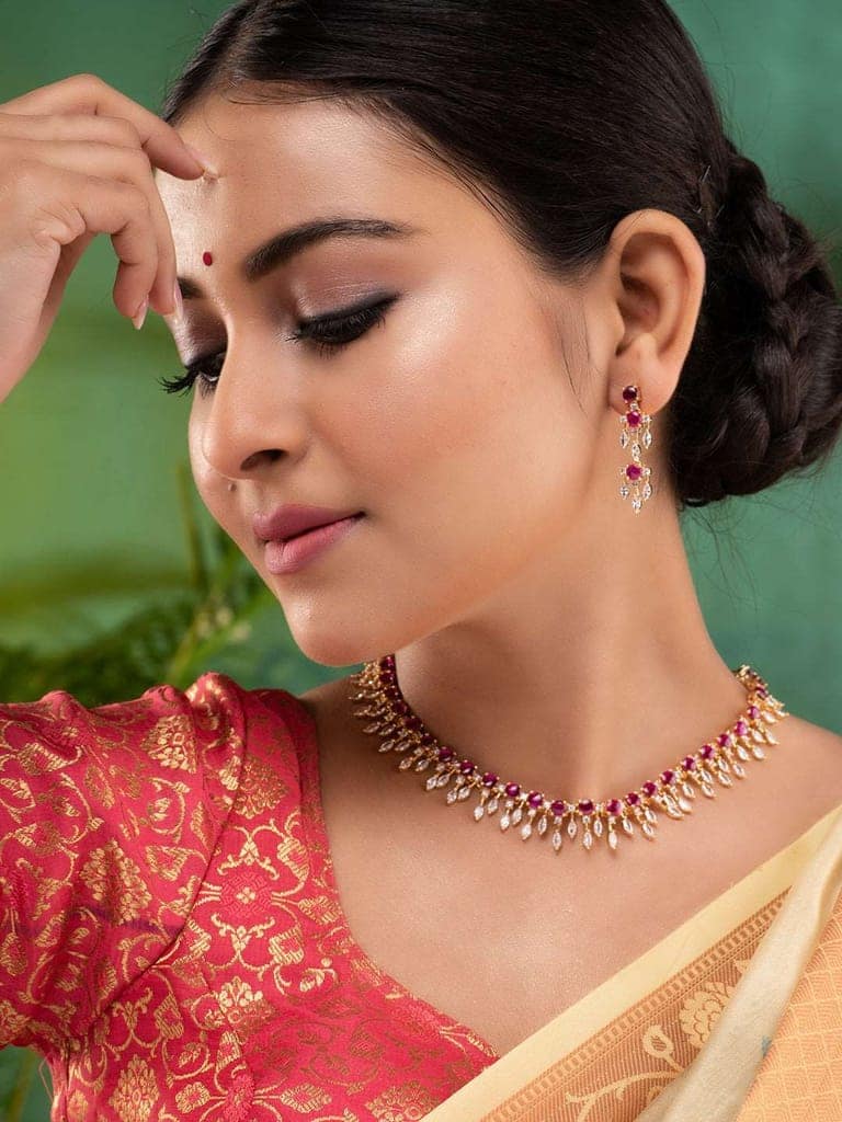 Gold Plated & Pink AD Studded Necklace & Earrings view 3