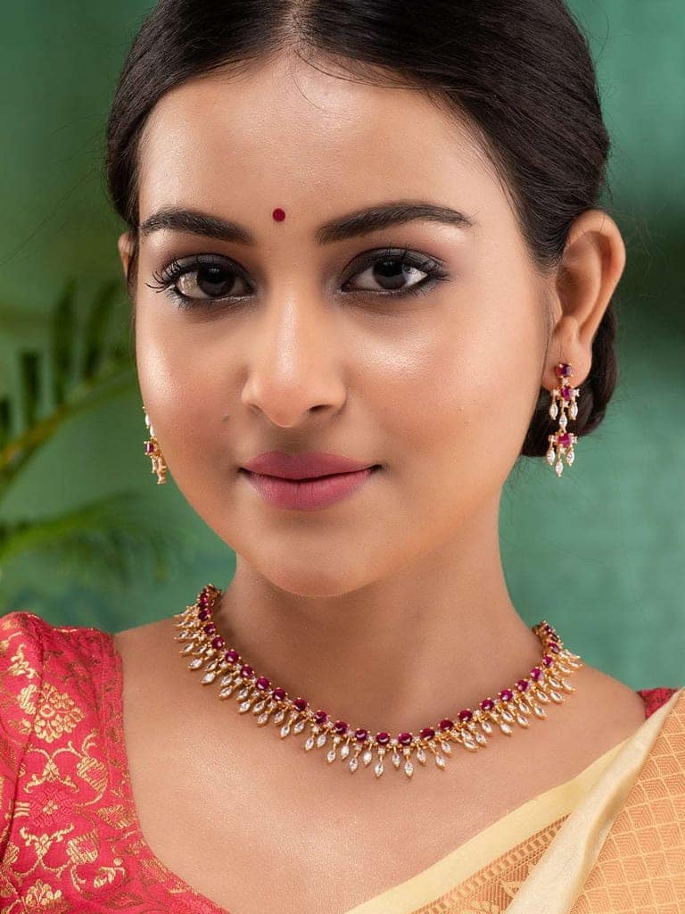 Gold Plated & Pink AD Studded Necklace & Earrings view 4