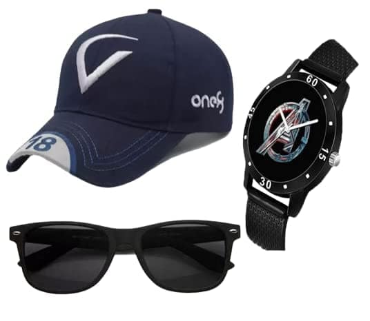 Cron A New Adjustable D Blue Virat Cap & Black Watch + Sunglass for Men & Boys, Women (Pack of 3)