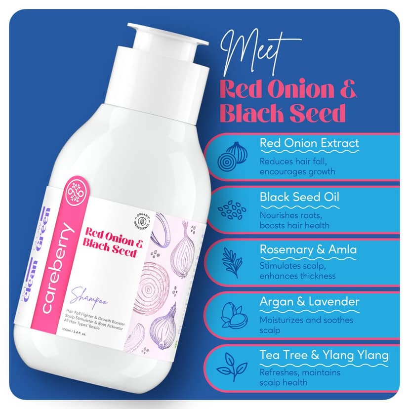 Careberry Red Onion & Black Seed Hair Growth Shampoo | Hair Fall Fighter & Growth Booster | Scalp Stimulator & Root Activator | Sulphate & Paraben Free | All Hair Types | Unisex | 100ML view 3