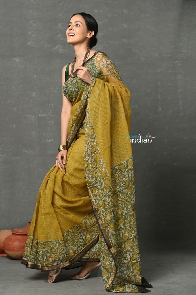 Tyohaar ~ Pure Kota Cotton Handblock Printed - Olive Yellow view 2