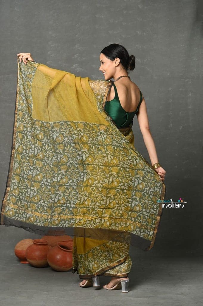 Tyohaar ~ Pure Kota Cotton Handblock Printed - Olive Yellow view 3