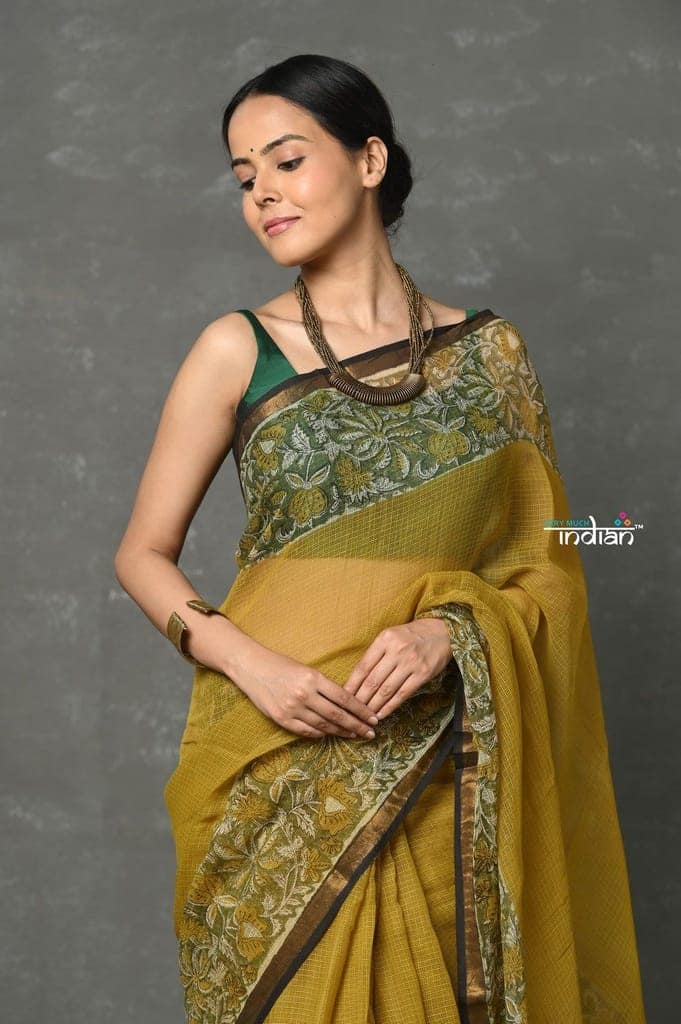 Tyohaar ~ Pure Kota Cotton Handblock Printed - Olive Yellow view 4