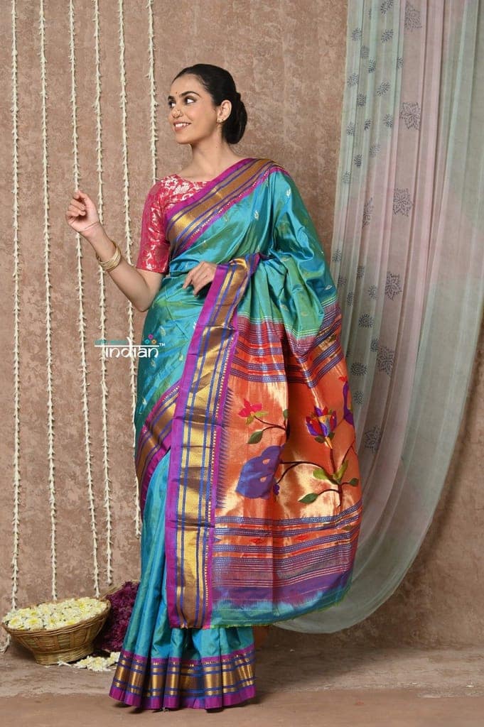 Tyohaar ~ Handloom Pure Silk Paithani Saree with Handcrafted Peacock Pallu ~ Teal Blue (By Govt Certified Weavers) view 2