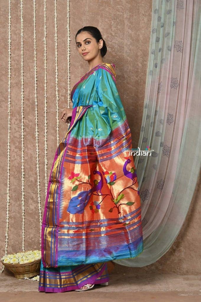 Tyohaar ~ Handloom Pure Silk Paithani Saree with Handcrafted Peacock Pallu ~ Teal Blue (By Govt Certified Weavers) view 4