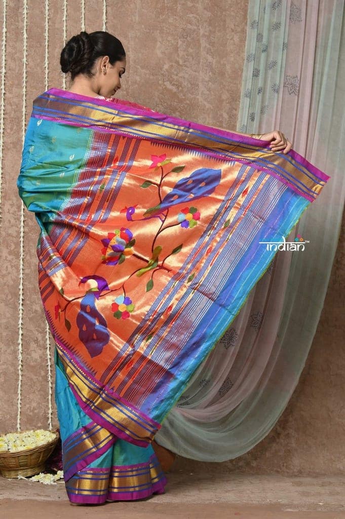Tyohaar ~ Handloom Pure Silk Paithani Saree with Handcrafted Peacock Pallu ~ Teal Blue (By Govt Certified Weavers) view 5