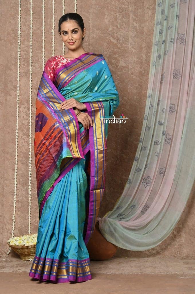Tyohaar ~ Handloom Pure Silk Paithani Saree with Handcrafted Peacock Pallu ~ Teal Blue (By Govt Certified Weavers) view 6