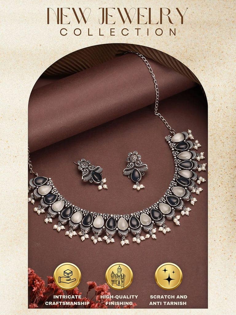 Oxidised Silver Toned Blue & white Stone Studded Statement Tribal Choker Jewellery Set view 5