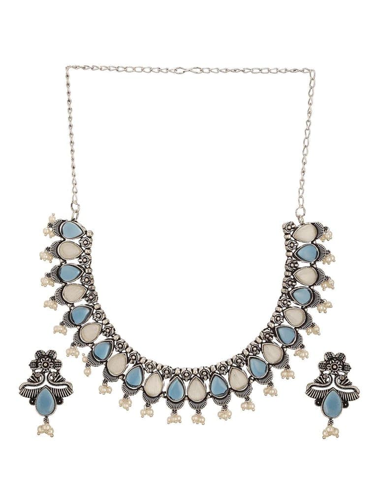 Oxidised Silver Toned Blue & white Stone Studded Statement Tribal Choker Jewellery Set view 6