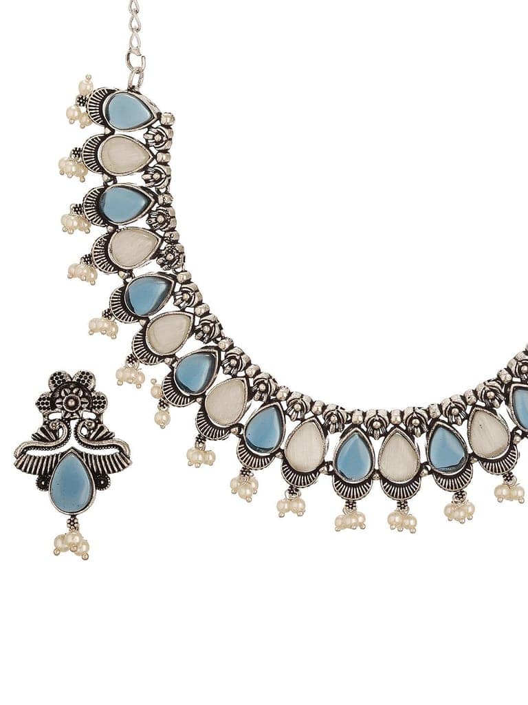 Oxidised Silver Toned Blue & white Stone Studded Statement Tribal Choker Jewellery Set view 8
