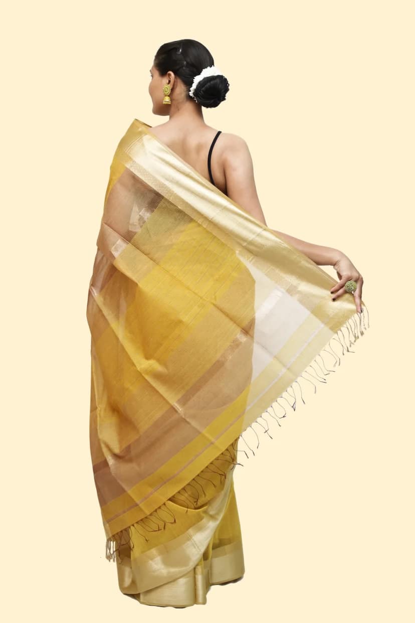 Royal Gold Yellow handwoven Resham Border Saree with Tassels view 4