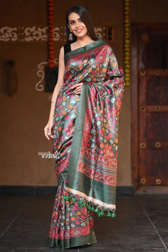 Raaga~ Olive Green Handloom Pure Tussar Silk with Kalamkari and Floral Prints view 4