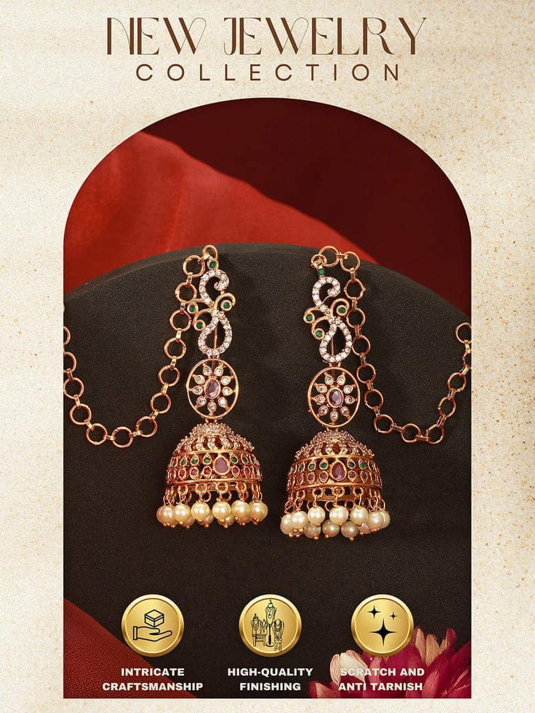 Gold Plated Zircon AD Studded Red Floral Bridal Matil Earchain Earrings view 4