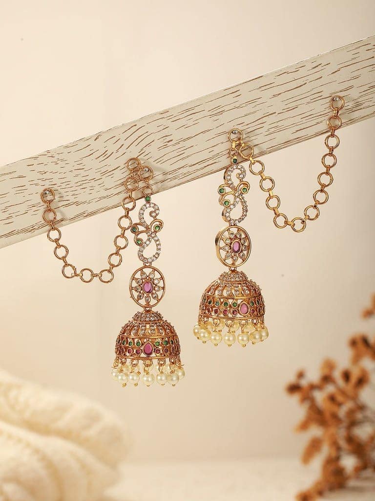 Gold Plated Zircon AD Studded Red Floral Bridal Matil Earchain Earrings view 5