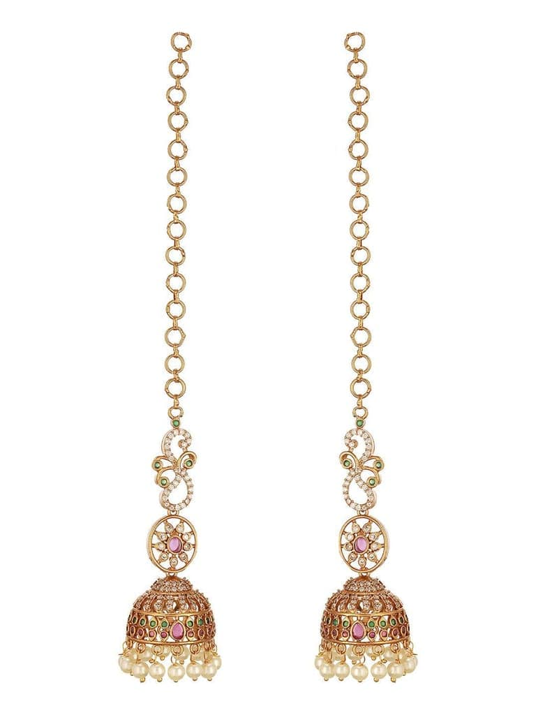 Gold Plated Zircon AD Studded Red Floral Bridal Matil Earchain Earrings view 6