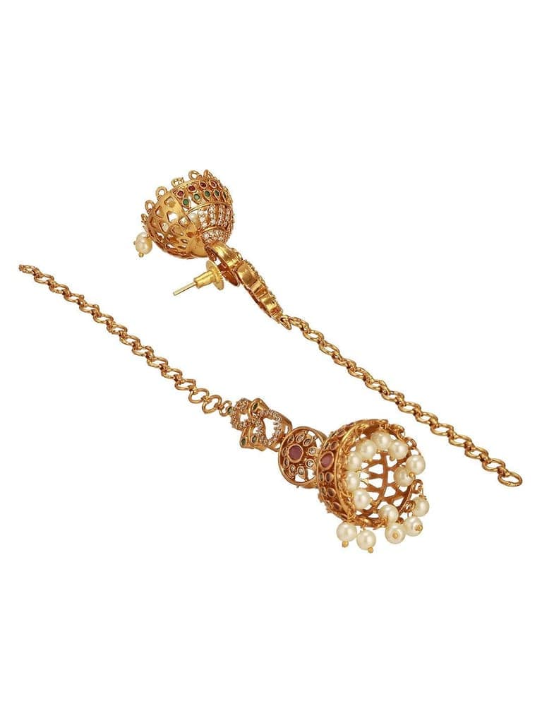 Gold Plated Zircon AD Studded Red Floral Bridal Matil Earchain Earrings view 7