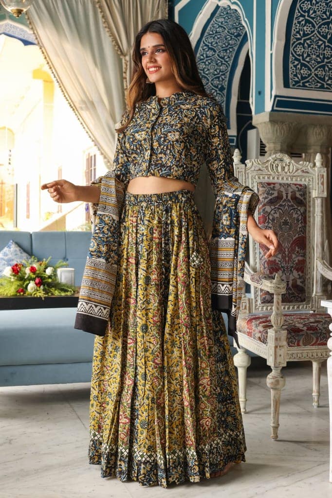 Handblock Printed Cotton Lehanga with Mulmul Dupatta and Kurta Pyjama Combo (Size: 32-46) Brown Color-6149 view 2