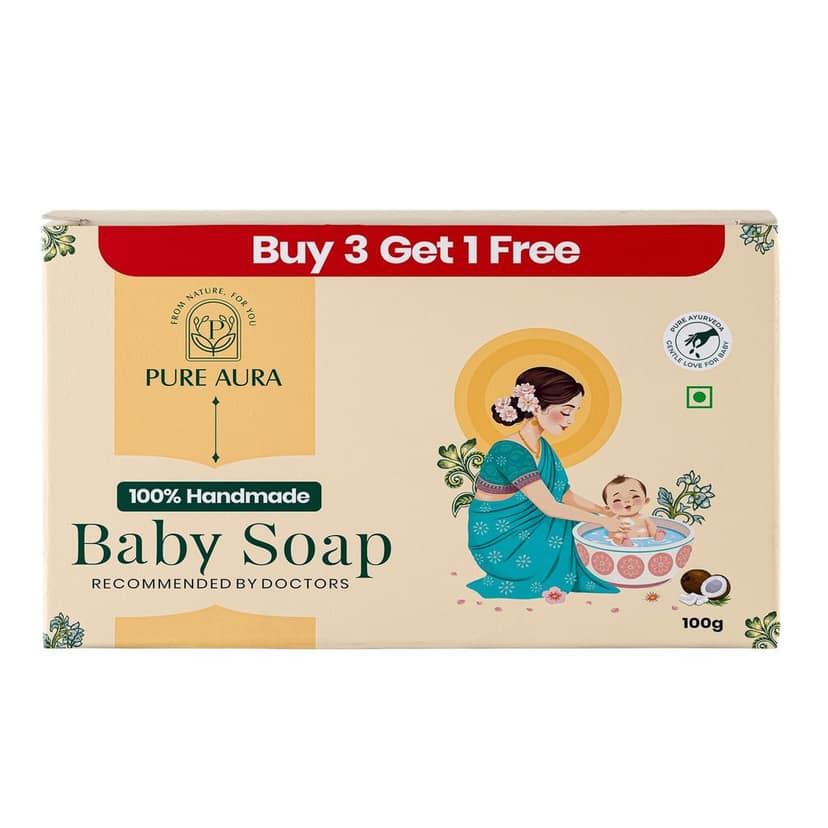 Pure Aura Handmade Baby Soap 100g (Pack of 2) | 10% Coconut Oil, Shea Butter & Jojoba Oil | Gentle, Chemical-Free Soap for Sensitive Baby Skin | Moisturizing & Nourishing Care