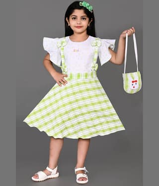 M.MONGELA DRESSES Cotton Blend Fit And Flare Dress For Girls ( Pack of 1 , Lime Green )