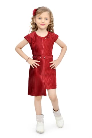 Be:kids Maroon Twirl Girls' Pleated Dress with Metallic Belt and Floral Hair Accessory