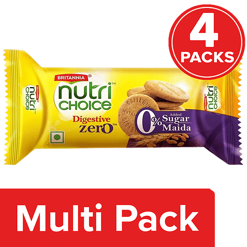 Britannia Nutri Choice Digestive Zero Biscuits - No Maida & Zero Added Sugar, Fibre Rich, 4 x 100 g Multipack