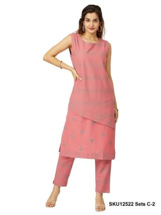 Women's Sleeveless Black & Teal Layered Cotton Kurti with Embroidered Design and Palazzo Set