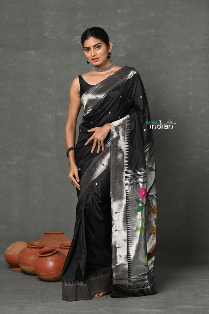 Tyohaar~Designed By VMI ~ Handloom Pure Silk Silver Zari Muniya Border with Exclusiive Deer Pallu in Black view 2