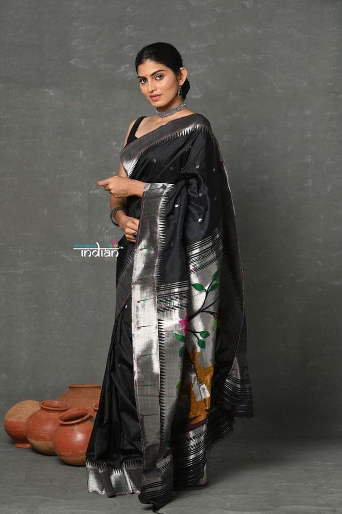 Tyohaar~Designed By VMI ~ Handloom Pure Silk Silver Zari Muniya Border with Exclusiive Deer Pallu in Black view 3