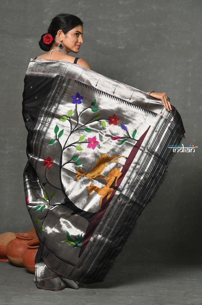 Tyohaar~Designed By VMI ~ Handloom Pure Silk Silver Zari Muniya Border with Exclusiive Deer Pallu in Black view 4