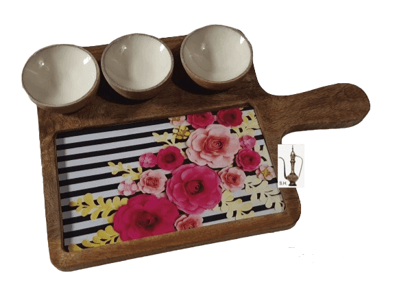 Sara Home Mango Wood Serving Chipdip/Dosa/Chees/Snacks Tray Printed Enamel Serving Platter with Handle Appetizer Plate Serving Platter With 3 Bowls