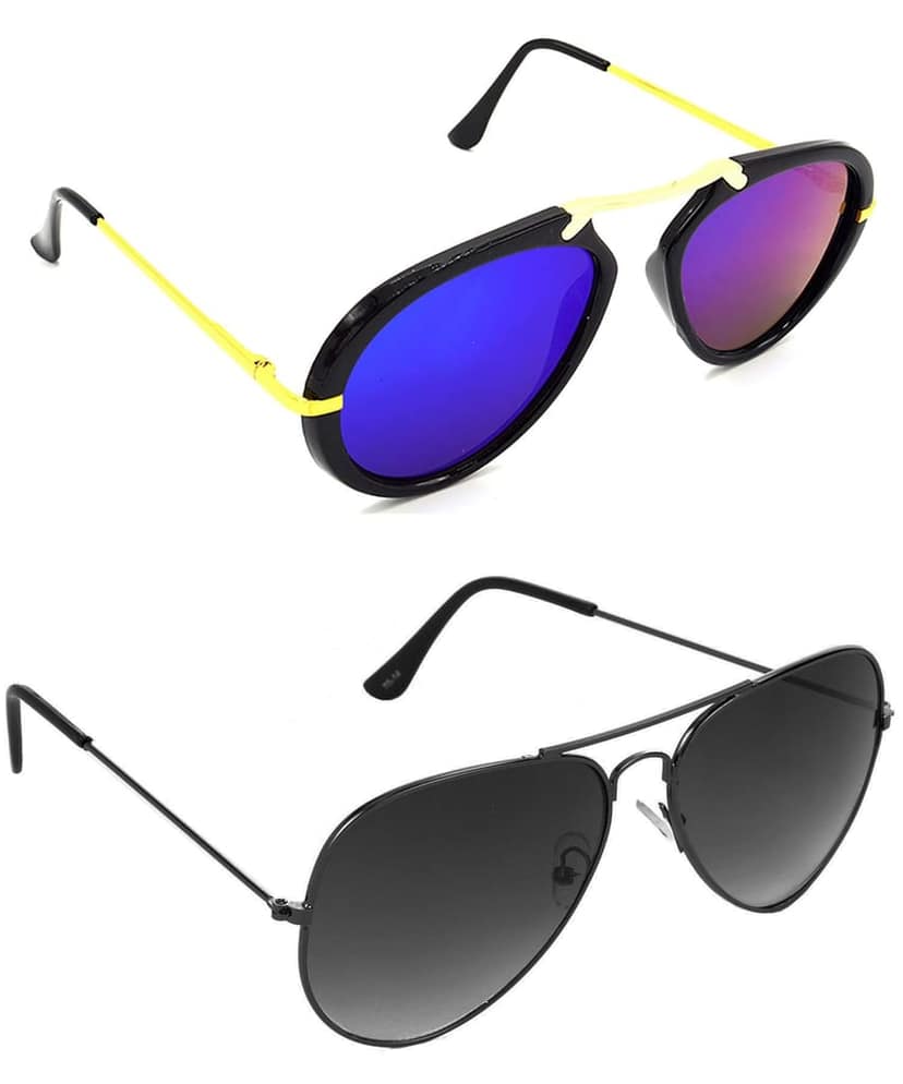 HRINKAR Unisex Wrap-around Sunglasses Golden & Grey Frame, Pink & Grey Lens (Medium) - Pack of 2