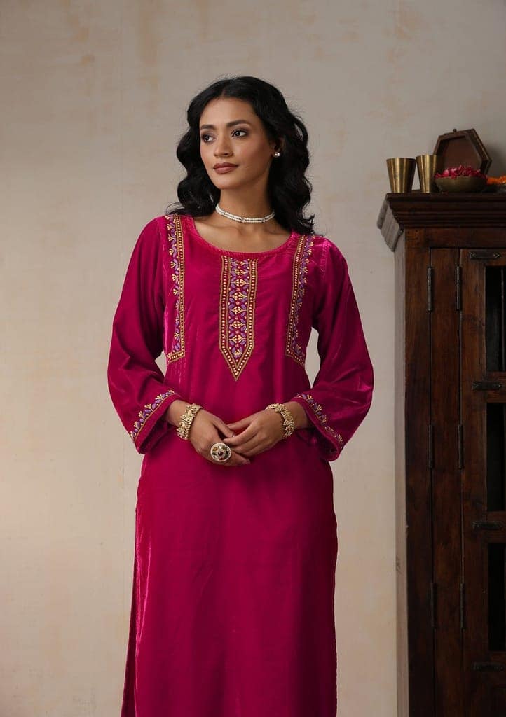 Velvet Chikankari Solid Women's 2 PC Long Kurta Set - Pink view 4
