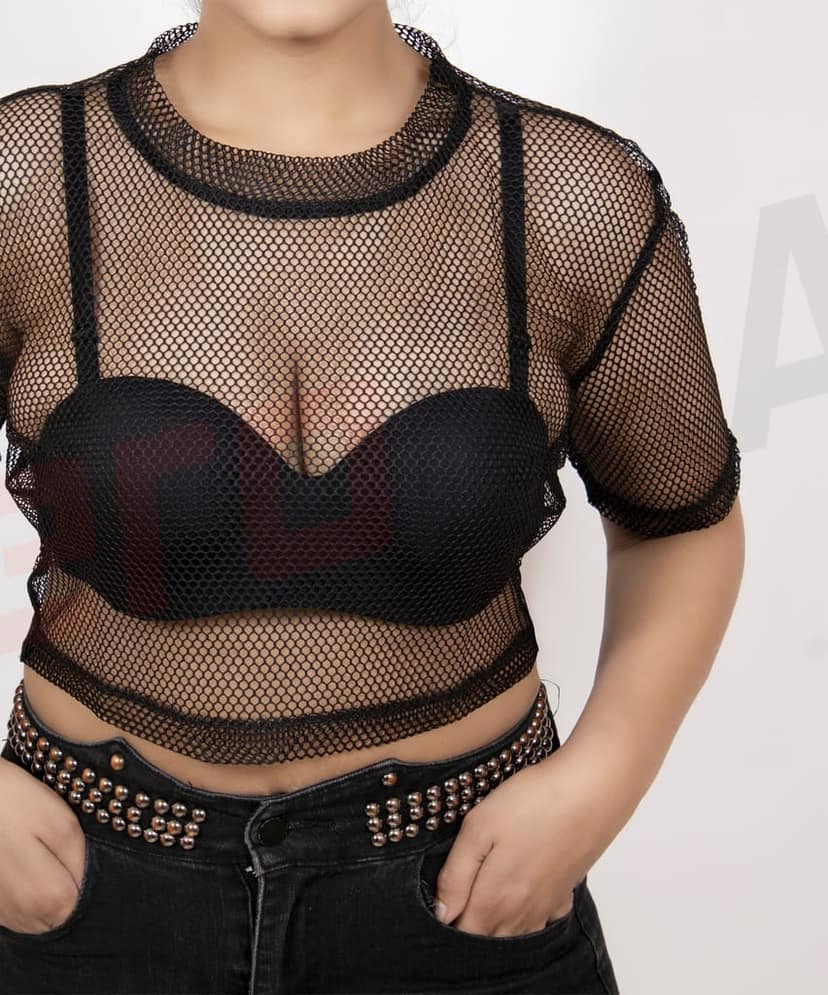 Oversize Off Shoulder See Through Half Sleeves Fishnet Cropped Western Cover up Top view 4