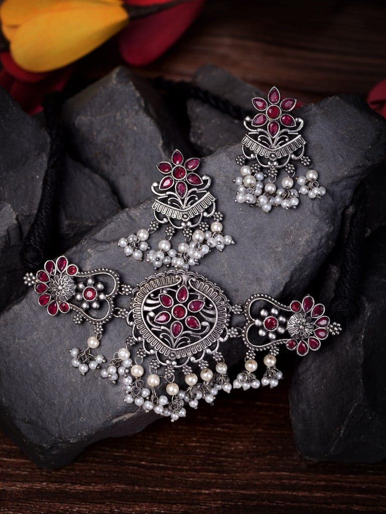 Silver Oxidised Red Stone Studded Tribal Choker Jewellery set view 2