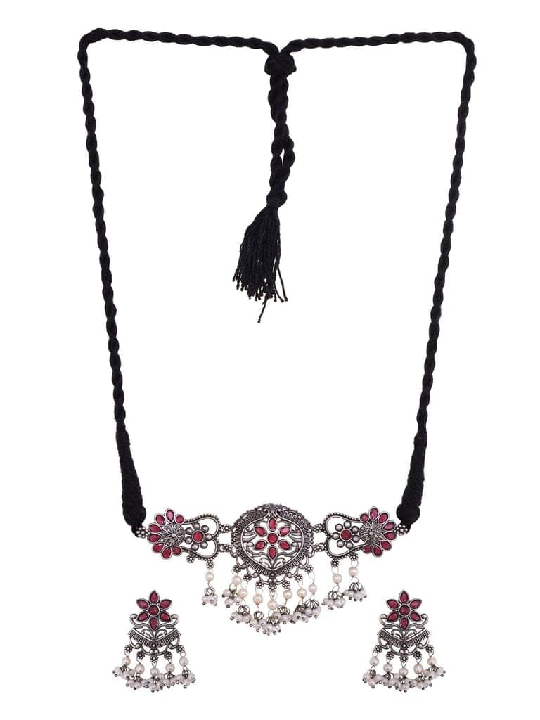 Silver Oxidised Red Stone Studded Tribal Choker Jewellery set view 3