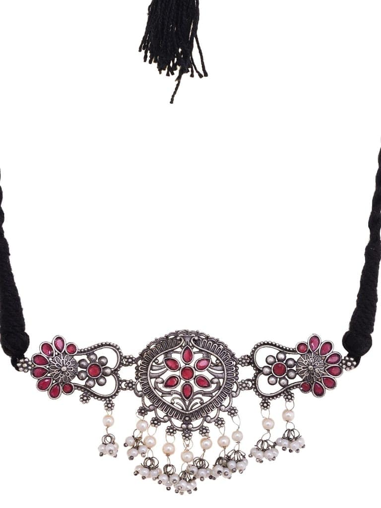 Silver Oxidised Red Stone Studded Tribal Choker Jewellery set view 4