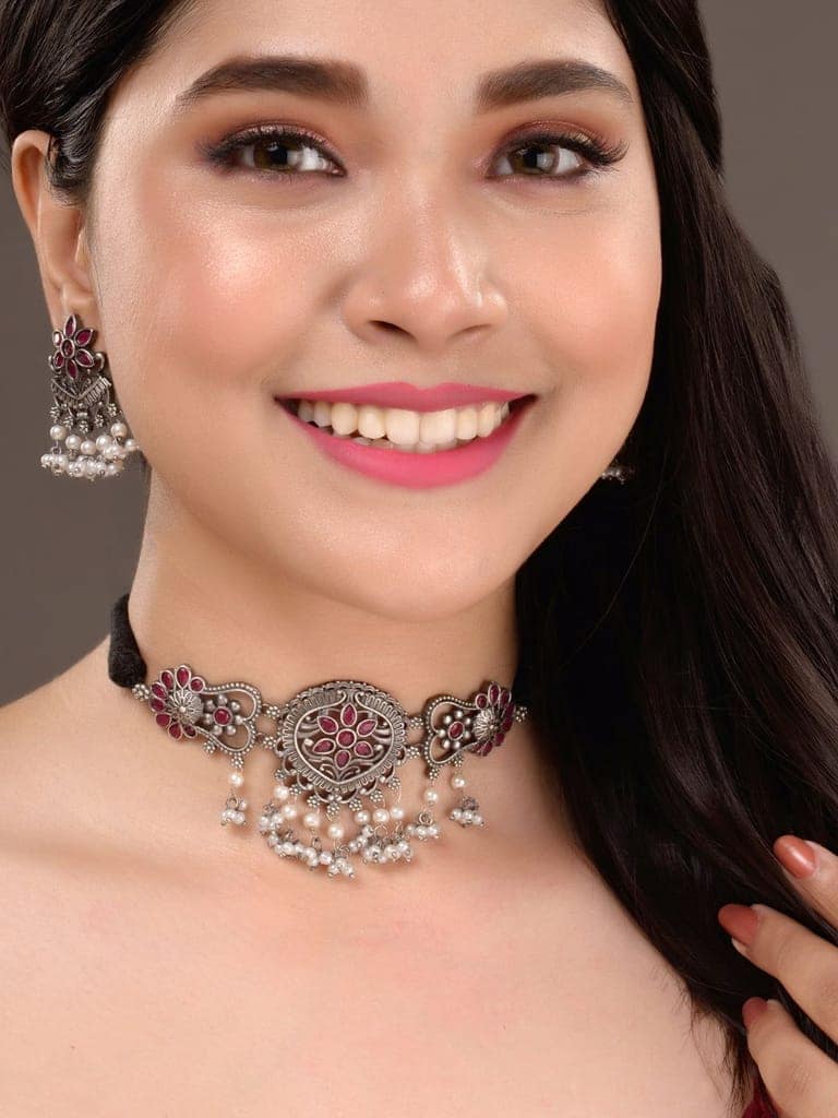 Silver Oxidised Red Stone Studded Tribal Choker Jewellery set view 7